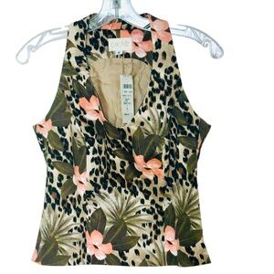 Cache Floral & Leopard Print V-Neck Sleeveless Top in Beige and Pink